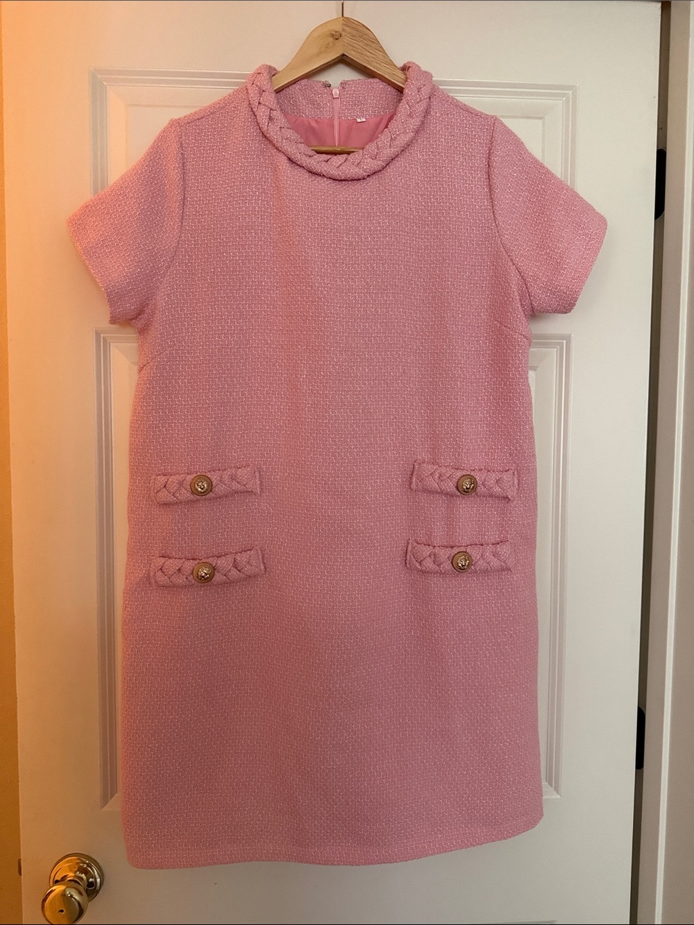 Boutique tweed Pink Short-Sleeve Dress with Braided Trim detail size large